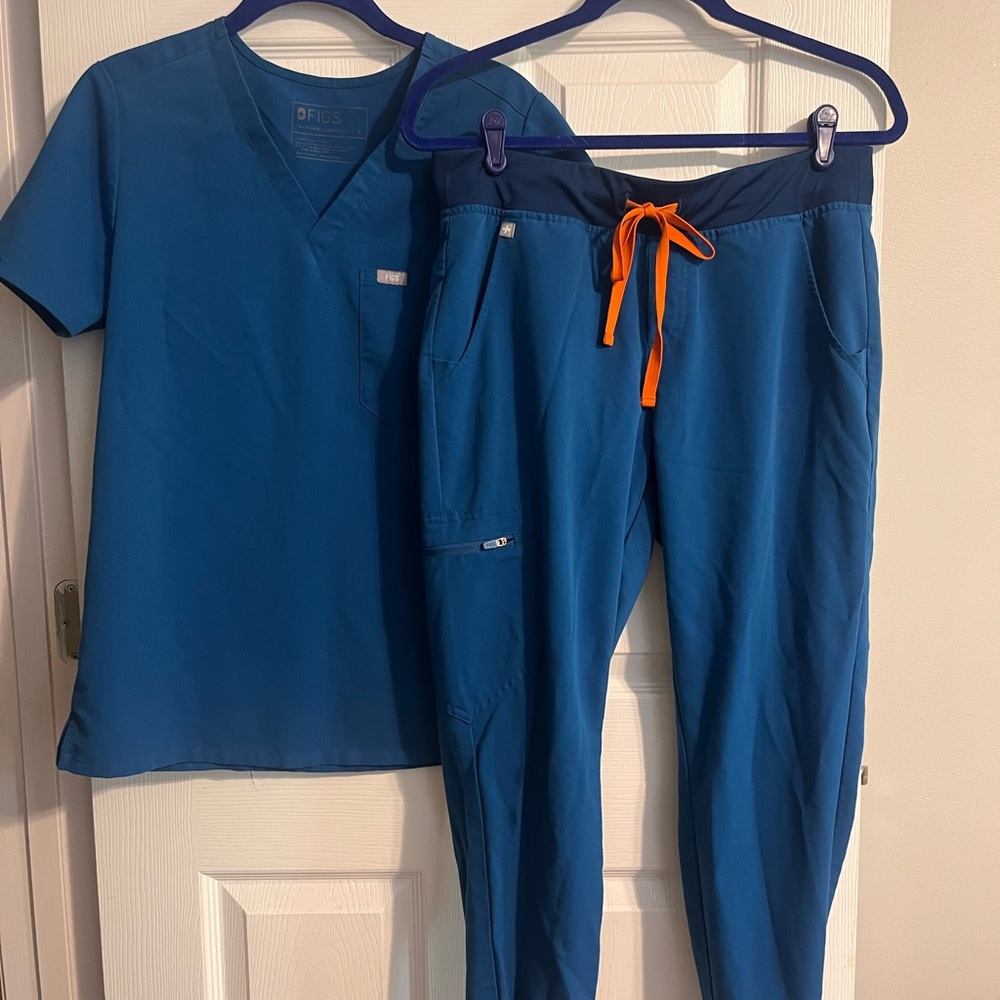 Figs Caribbean Blue Joggers with Orange Drawstring